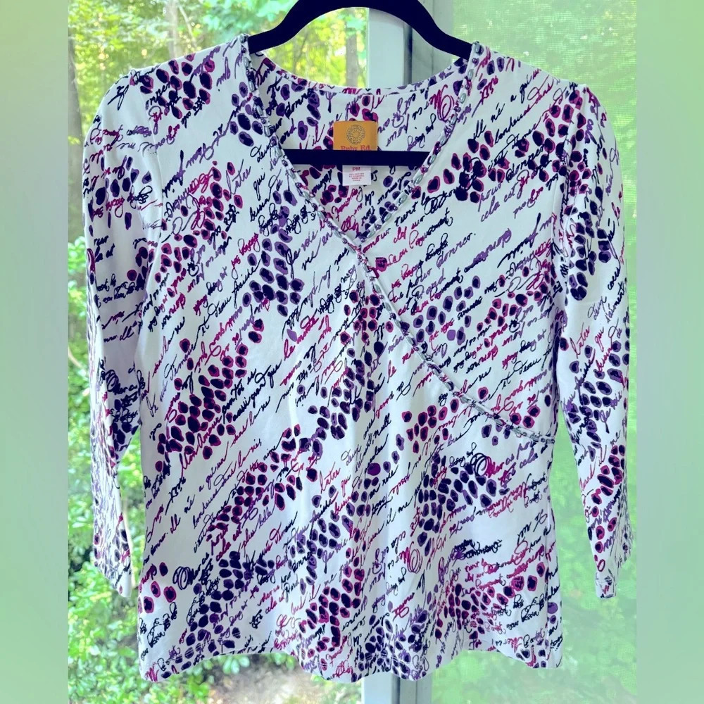 Ruby Rd. Petite medium beaded V-neck to cross over top Graffiti print and design